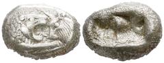 Greek Kings of Lydia. Sardeis. Time of Cyrus to Darios I circa 550-520 BC. Siglos or Half Stater AR. Kroiseid type. 14mm., 5,24g. Confronted foreparts of lion right, with extended right foreleg, and b