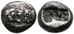 Greek Kings of Lydia. Sardeis. Kroisos 564-539 BC. Siglos AR 13mm., 4,25g. Confronted foreparts of lion right and bull left / Two square punches. very fine ATEC 1914-1925; Berk 23; SNG Kayhan 1024; SN
