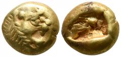 Greek Kings of Lydia. Sardeis. Alyattes 610-560 BC. Trite EL 11mm., 4,73g. Head of roaring lion to right, sunburst with multiple rays on forehead / Two incuse square punches of unequal size. very fine