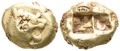 Greek Kings of Lydia. Sardeis. Alyattes - Kroisos 610-546 BC. Trite EL 12mm., 4,70g. Head of roaring lion right, with star on forehead / Two incuse square punches. nearly very fine, numerous bankers' 