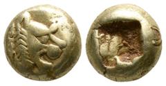 Greek Kings of Lydia. Sardeis. Alyattes circa 610-560 BC. Hemihekte EL 6mm., 1,14g. Head of roaring lion right, sun on forehead / Incuse square punch. very fine Weidauer group XVI, 90; Traité I 47; SN