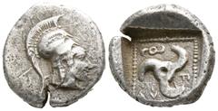Greek Dynasts of Lycia. Vekhssere I 450-430 BC. 1/3 Stater AR 13mm., 2,60g. Helmeted head of Athena right / F↑↓, triskeles, diskeles in lower right corner, all within dotted square border within incus