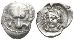 Greek Dynasts of Lycia. Zakhaba circa 400-380 BC. 1/3 Stater AR 17mm., 3,05g. Lion’s scalp facing / ΖA↓AΒA+A, head of Athena, facing three-quarter to left, wearing elaborate necklace and crested and p