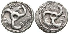 Greek Dynasts of Lycia. Wedrei. Trbbänimi and uncertain Dynast circa 390-375 BC. 1/3 Stater AR 16mm., 3,02g. F↑-ΔΡ, triskeles / ΤΡΒ-ΒWΝ-ΕΜΕ, triskeles. good very fine Podalia 364; SNG von Aulock 4230;