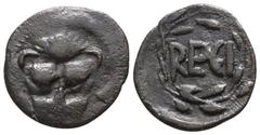 Greek Bruttium. Rhegion circa 440-420 BC. Litra AR 12mm., 0,60g. Facing lion's mask / RECI within olive wreath. very fine N. K. Rutter, South Italy and Messana, Le origini della monetazione di bronzo 