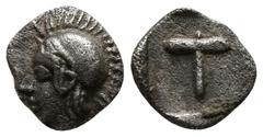 Greek Arkadia. Tegea circa 423-400 BC. Tetartemorion AR 6mm., 0,23g. Helmeted head of Athena left / Large T within shallow incuse square. good very fine BCD Peloponnesos 1721; HGC 5, 1054.