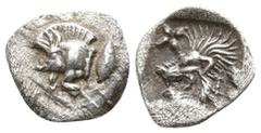 Greek Mysia. Kyzikos circa 480 BC. Tetartemorion AR 6mm., 0,17g. Forepart of boar left, tunny to right / Head of roaring lion left, star to upper left, all within incuse square. good very fine Von Fri