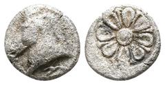 Greek Aeolis. Kyme circa 400-350 BC. Tetartemorion AR 5mm., 0,20g. Head of horse left / Stellate floral pattern with eight petals within incuse circle. very fine Kayhan -; Klein -; v. Aulock -; BMC -;
