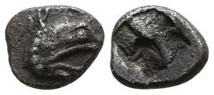 Greek Ionia. Teos circa 500-450 BC. Tetartemorion AR 5mm., 0,23g. Head of griffin right / Quadripartite incuse square. nearly very fine Matzke Group Ca3; Balcer Group XXXIII; SNG Copenhagen Supp. 339.