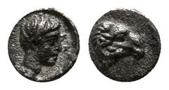 Greek Caria. Halikarnassos circa 500-400 BC. Tetartemorion AR 4mm., 0,11g. Ram's head right / Young male head right. very fine SNG Keckman 867.