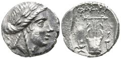 Greek Lycia. Phaselis. Lycian League circa 100-80 BC. Drachm AR 14mm., 3,19g. Laureate head of Apollo right, with bow and quiver over shoulder / ΦAΣHΛ, lyre, Isis crown to left, torch to right. very f