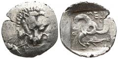 Greek Dynasts of Lycia. Possibly Phellos. Mithrapata 390-370 BC. 1/6 Stater AR 13mm., 0,99g. Facing lion scalp / Triskeles, dolphin in one section, all within incuse square. very fine Müseler VII 76–7