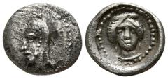 Greek Dynasts of Lycia. Uncertain mint. Uncertain Dynast circa 400 BC. Obol AR 8mm., 0,52g. Head of dynast left, wearing bashlyk / Facing head of goddess, wearing kalathos, necklace, and earrings. ver