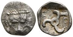 Greek Dynasts of Lycia. Uncertain mint. Mithrapata 390-370 BC. 1/6 Stater AR 12mm., 1,38g. Facing lion's scalp / Triskeles, labrys in one section, all within incuse square. very fine CNG, 398, 291.