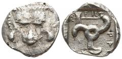 Greek Dynasts of Lycia. Uncertain mint. Mithrapata 390-370 BC. 1/6 Stater AR 11mm., 1,41g. Facing lion scalp / Triskeles, labrys in one section, all within incuse square. very fine CNG, E-auction 398,