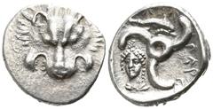 Greek Dynasts of Lycia. Uncertain mint. Perikles circa 380-360 BC. 1/3 Stater AR 14mm., 3,14g. Facing lion’s scalp / Triskeles, dolphin in upper field, female facing head in lower left field. good ver