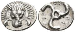 Greek Dynasts of Lycia. Uncertain mint. Perikles circa 380-360 BC. 1/3 Stater AR 15mm., 2,86g. Lion scalp facing / Π↑ΡΕΚΛ↑, triskeles within incuse circle. good very fine Falghera 217; SNG von Aulock 