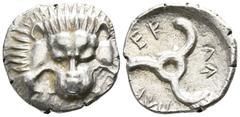 Greek Dynasts of Lycia. Uncertain mint. Perikles circa 380-360 BC. 1/3 Stater AR 14mm., 2,73g. Lion scalp facing / Π↑ΡΕΚΛ↑, triskeles within incuse circle. good very fine Falghera 217; SNG von Aulock 