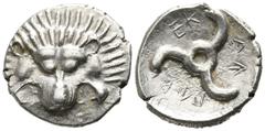 Greek Dynasts of Lycia. Uncertain mint. Perikles circa 380-360 BC. 1/3 Stater AR 14mm., 2,76g. Lion scalp facing / Π↑ΡΕΚΛ↑, triskeles within incuse circle. good very fine Falghera 217; SNG von Aulock 