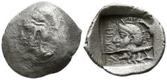 Greek Dynasts of Lycia. Xanthos. Possibly Khäriga (Karikas) circa 410 BC. Hemidrachm AR 17mm., 2,34g. Helmeted head of Athena left / Helmeted head of Ares left, all within incuse square. nearly very f