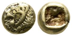 Greek Kings of Lydia. Sardeis. Alyattes 610-560 BC. Hemihekte EL 6mm., 1,13g. Two confronted heads of lions (the left one off flan); between them, Lydian legend, VALVEL / Square punch. good very fine 