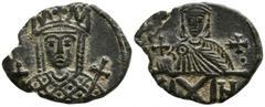 Byzantine Constantine VI with Irene AD 780-797. Byzantine Follis Æ 19mm., 3,02g. Crowned bust of Irene, wearing loros, holding cross on globe and cross-headed sceptre / crowned bust of Constantine VI,