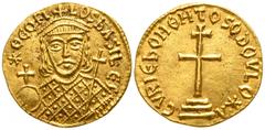 Byzantine Theophilus AD 829-842. Byzantine Solidus AV 18mm., 4,21g. *QEOFI LOS bASILE’, crowned facing bust, wearing loros, holding globus cruciger in right hand, cruciform scepter in left / CVRIE bOH