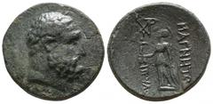 Greek Lydia. Magnesia ad Sipylos circa 200-0 BC. Bronze Æ 22mm., 9,03g. Bare and bearded head of Herakles right / ΜΑΓΝΗΤΩΝ ΣΙΠΥΛOY, Athena standing left, resting hand upon shield and holding crowning 