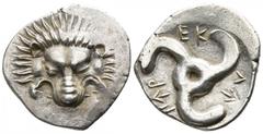 Greek Dynasts of Lycia. Perikles 380-360 BC. 1/3 Stater AR 17mm., 2,83g. Facing lion's scalp / Triskeles. very fine Falghera 217; SNG Copenhagen -; SNG von Aulock 4254-6.