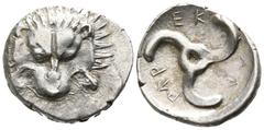 Greek Dynasts of Lycia. Perikles 380-360 BC. 1/3 Stater AR 15mm., 2,47g. Facing lion's scalp / Triskeles. very fine Falghera 217; SNG Copenhagen -; SNG von Aulock 4254-6.