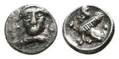Greek Cilicia. Uncertain mint circa 400-300 BC. Tetartemorion AR 5mm., 0,21g. Head facing, drapery at neck / Sphinx seated left, raising forepaw. very fine SNG France –; SNG Levante –; Göktürk –; Mild