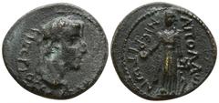 Roman Provincial Lydia. Apollonoshieron. Tiberius AD 14-37. Bronze Æ 18mm., 3,68g. Laureate head right / Apollo standing facing, head left, holding patera and resting hand upon lyre. very fine