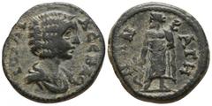Roman Provincial Lydia. Bageis . Julia Domna AD 193-211. Bronze Æ 17mm., 4,20g. Draped bust right / Asklepios standing left, leaning on serpent-entwined staff. very fine