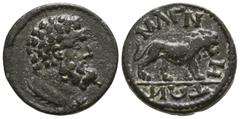 Roman Provincial Lydia. Magnesia ad Sipylos . Pseudo-autonomous issue circa AD 200-300. Bronze Æ 12mm., 2,69g. Bareheaded bust of Herakles right, wearing lion skin around neck / MAΓNHTΩN, lion standin