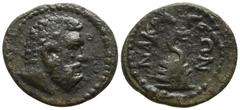Roman Provincial Lydia. Nakrasa . Pseudo-autonomous issue AD 98-161. Bronze Æ 15mm., 1,94g. Head of Herakles right / Omphalos entwined by serpent. nearly very fine