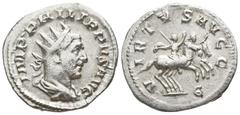 Roman Imperial Philip I Arab AD 244-249. Rome Antoninianus AR 21mm., 3,44g. IMP PHILIPPVS AVG, radiate, draped and cuirassed bust of Philip to right / VIRTVS AVGG, Є, Philip I and Philip II on horses 