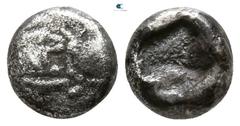 Greek Kings of Lydia. Sardeis. Kroisos 564-539 BC. 1/24 Stater AR 6mm., 0,79g. Confronted foreparts of lion and bull / Two square incuse punches. nearly very fine Klein 562.