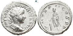 Roman Imperial Gordian III. AD 238-244. Rome Antoninianus AR 22mm., 4,92g. IMP GORDIANVS PIVS FEL AVG, radiate, draped and cuirassed bust right / P M TR P II COS P P, Gordian standing left, sacrificin