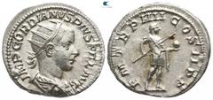 Roman Imperial Gordian III. AD 238-244. Rome Antoninianus AR 22mm., 5,02g. IMP GORDIANVS PIVS FEL AVG, radiate, draped and cuirassed bust right / P M TR P IIII COS II P P, Gordian advancing right in m