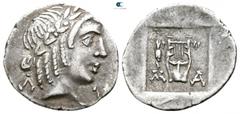 Greek Lycia. Masikytes. Lycian League circa 40-20 BC. Hemidrachm AR 15mm., 1,70g. Λ-Y, laureate head of Apollo right / M-A, kithara, grain ear to left (?), all within incuse square. very fine Troxell 