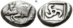Greek Dynasts of Lycia. Uncertain Dynast circa 490-460 BC. Stater AR 20mm., 9,60g. Forepart of boar left / Triskeles in linear square within incuse square. very fine SNG von Aulock 4057 var. (boar rig