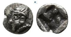 Greek Asia Minor. Uncertain mint circa 500 BC. Tetartemorion AR 3mm., 0,13g. Bearded and helmeted head of Ares (?) left / Quadripartite incuse square. very fine BMC -; SNG Copenhagen -; SNG von Aulock