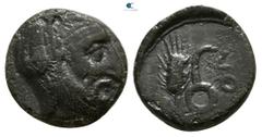 Greek Lydia. Autophradates, Satrap of Lydia . 392-388 and 380-355 BC Chalkous Æ 9mm., 1,12g. Bearded head right, wearing kyrbasia / OΛ, monoskelis, grain ear to left. very fine Winzer 11.8.
