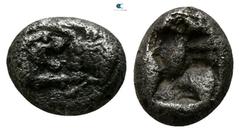 Greek Kings of Lydia. Sardeis. Kroisos 564-539 BC. 1/12 Stater AR 7mm., 0,77g. Confronted foreparts of lion and bull / Incuse square punch. very fine Berk 26-7; Traité I 413; SNG Kayhan I 1020-1.