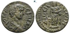 Roman Provincial Lydia. Dioshieron. Geta as Caesar AD 197-209. Bronze Æ 13mm., 1,80g. Bareheaded, draped and cuirassed bust right / Asklepios with serpent-entwined staff. very fine SNG von Aulock -; S