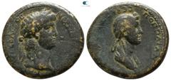 Roman Provincial Lydia. Thyateira . Nero and Poppaea AD 54-68. Bronze Æ 18mm., 4,43g. NEPΩN KΛAVΔIOC KAICAP CEBACTOC, laureate head of Nero right / [ΠOΠΠ]AIAN CЄBACTHN ΘYATIPHNOI, draped bust of Poppa
