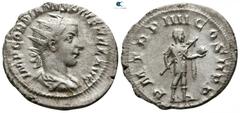 Roman Imperial Gordian III. AD 238-244. Rome Antoninianus AR 22mm., 3,40g. IMP GORDIANVS PIVS FEL AVG, radiate, draped and cuirassed bust right / P M TR P IIII COS II P P, Gordian standing right, hold