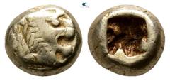 Greek Kings of Lydia. Sardeis. Alyattes 610-560 BC. Hemihekte EL 5mm., 1,09g. Head of roaring lion right, sun on forehead / Incuse square punch. very fine Weidauer group XVI, 90; Traité I 47; SNG Kayh