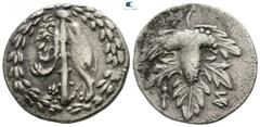 Greek Lydia. Sardeis circa 166-67 BC. Struck circa 166-160 BC Didrachm AR. Cistophoric type 21mm., 6,13g. Lion skin draped over upright club within wreath / Grape bunch on leaf, thyrsos to lower left,