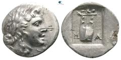 Greek Lycia. Masikytes. Lycian League circa 48-42 BC. Hemidrachm AR 13mm., 1,63g. Λ-Y, laureate head of Apollo right / M-A, lyre, star above, all within incuse square. very fine RPC I 3301; Troxell 86